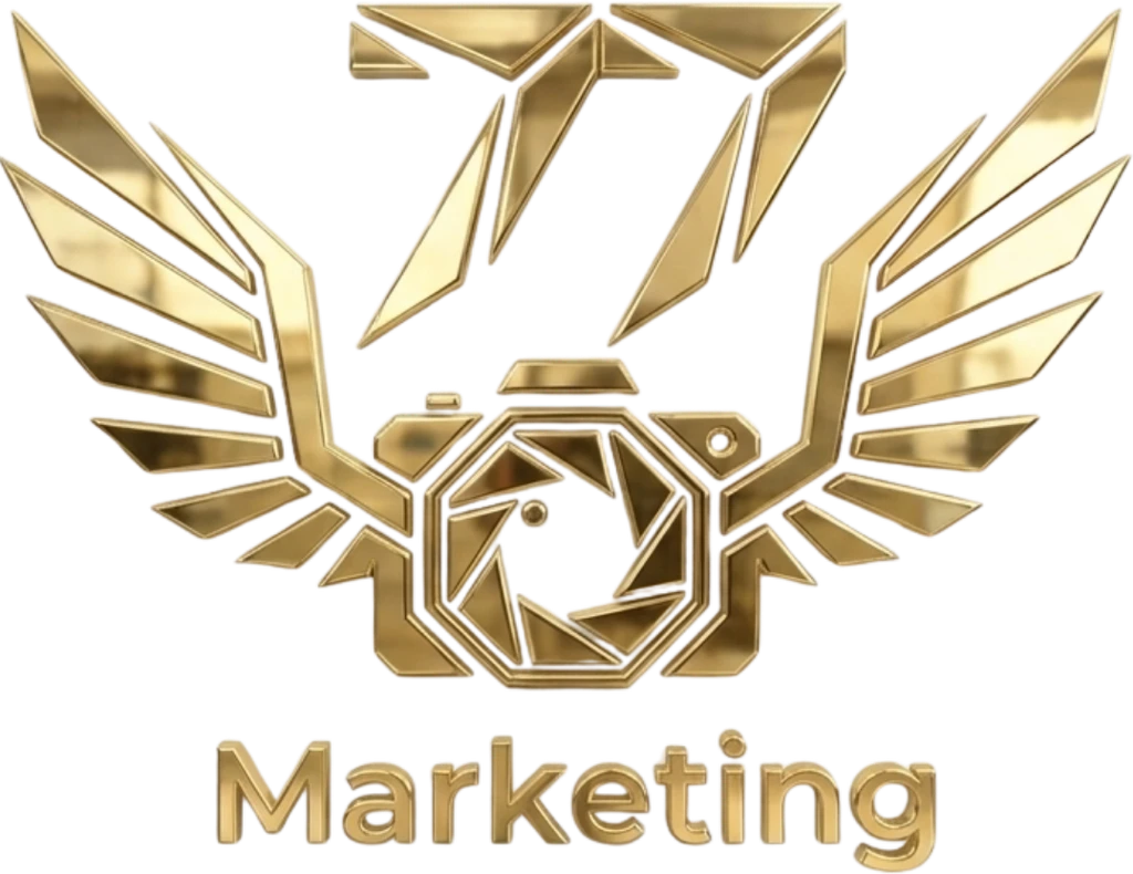 The winged 77 Marketing logo in gold
