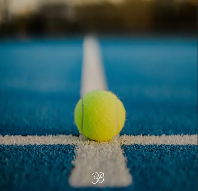 Close-up of a ball resting on a blue court line
