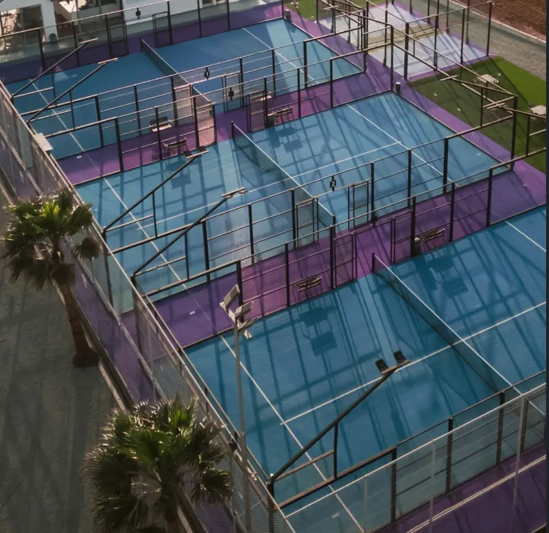 Aerial view of padel courts surrounded by palm trees
