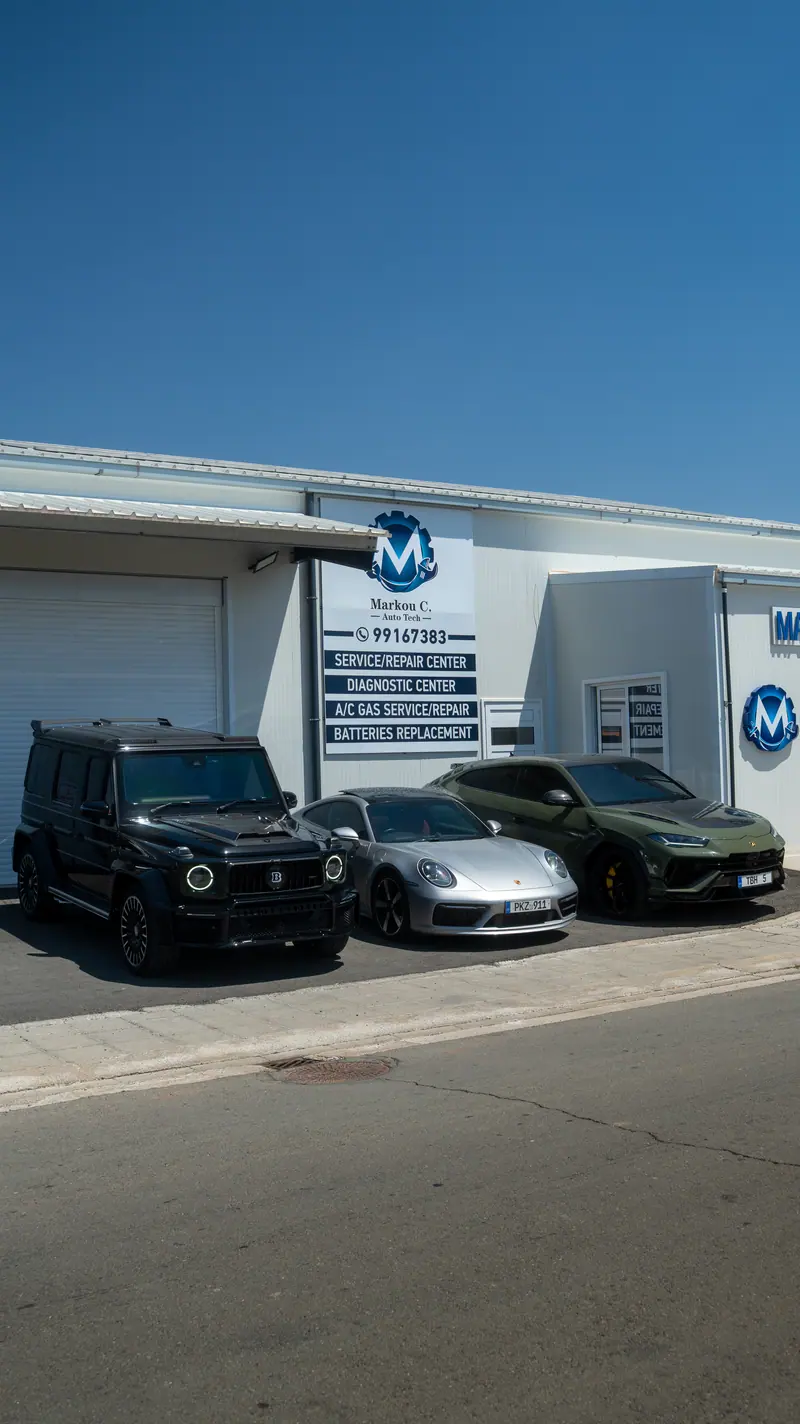 Three performance cars lined up outside the Marcou C. Autotech workshop