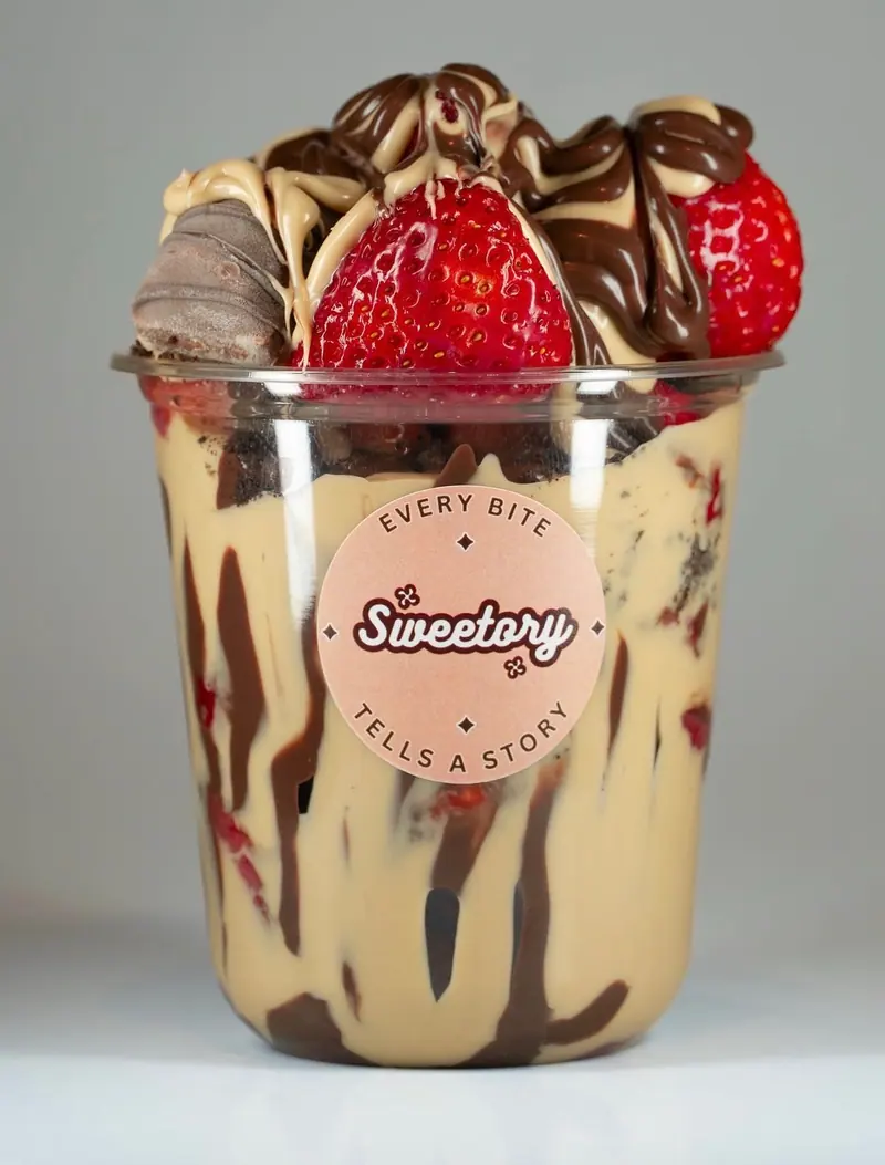 Sweetory branded dessert cup topped with strawberries and chocolate